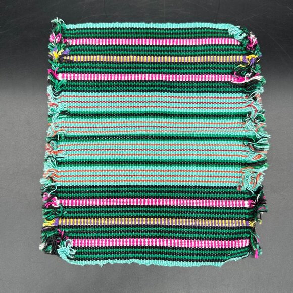 Vintage Placemat and Napkin Set Cotton Fringe Green Pink Stripes Setting for 6 - Picture 5 of 8